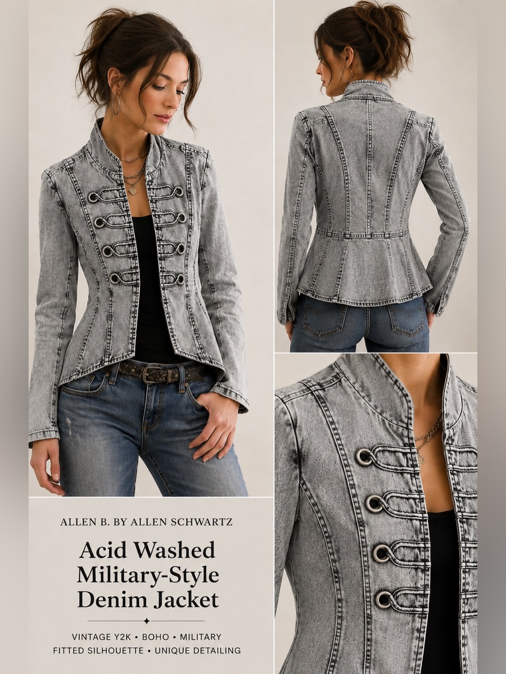 Women's Acid Washed Military-Style Denim Jacket